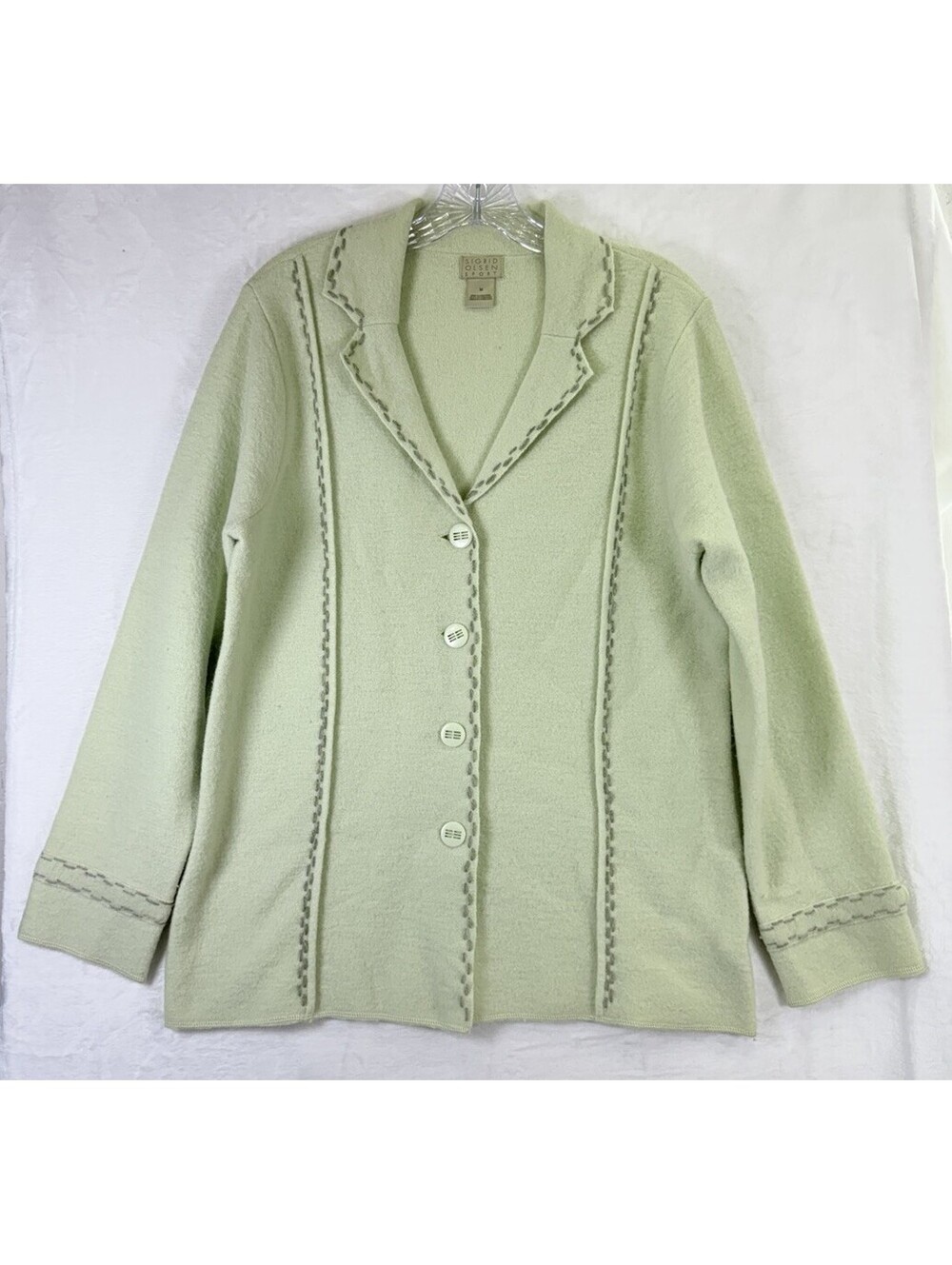 Sigrid Olsen Cardigan Sweater Medium 100% Wool Jacket Blazer Green Button Womens